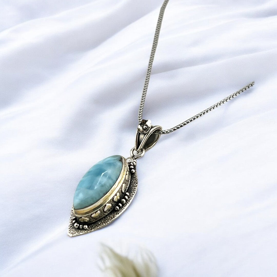 Large Larimar Gemstone, Sterling Silver Pendant, Antique Style Necklace, Vintage Inspired Design, Unique Gift