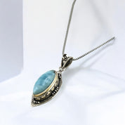 Large Larimar Gemstone, Sterling Silver Pendant, Antique Style Necklace, Vintage Inspired Design, Unique Gift