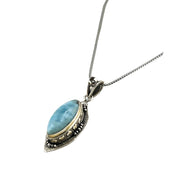 Large Larimar Gemstone, Sterling Silver Pendant, Antique Style Necklace, Vintage Inspired Design, Unique Gift