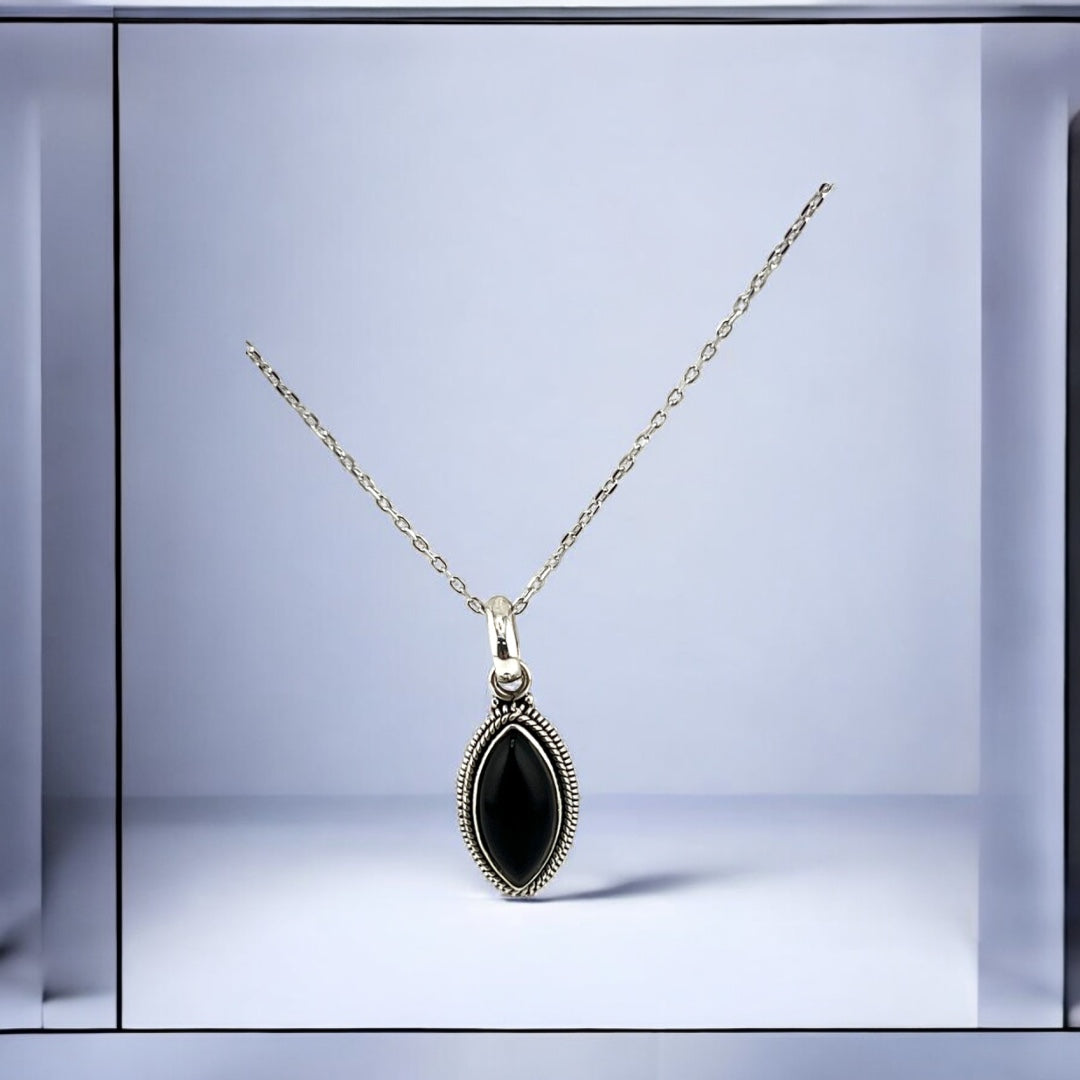 Sterling Silver Jewelry, Black Onyx Accented Indent Pendant, Unique Black Onyx Silver Jewelry - Modern Silver Gift