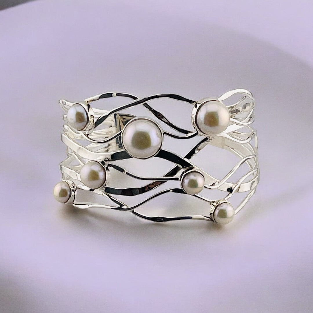 Elegant Waves ,Sterling Silver, Freshwater Pearl Cuff Bracelet