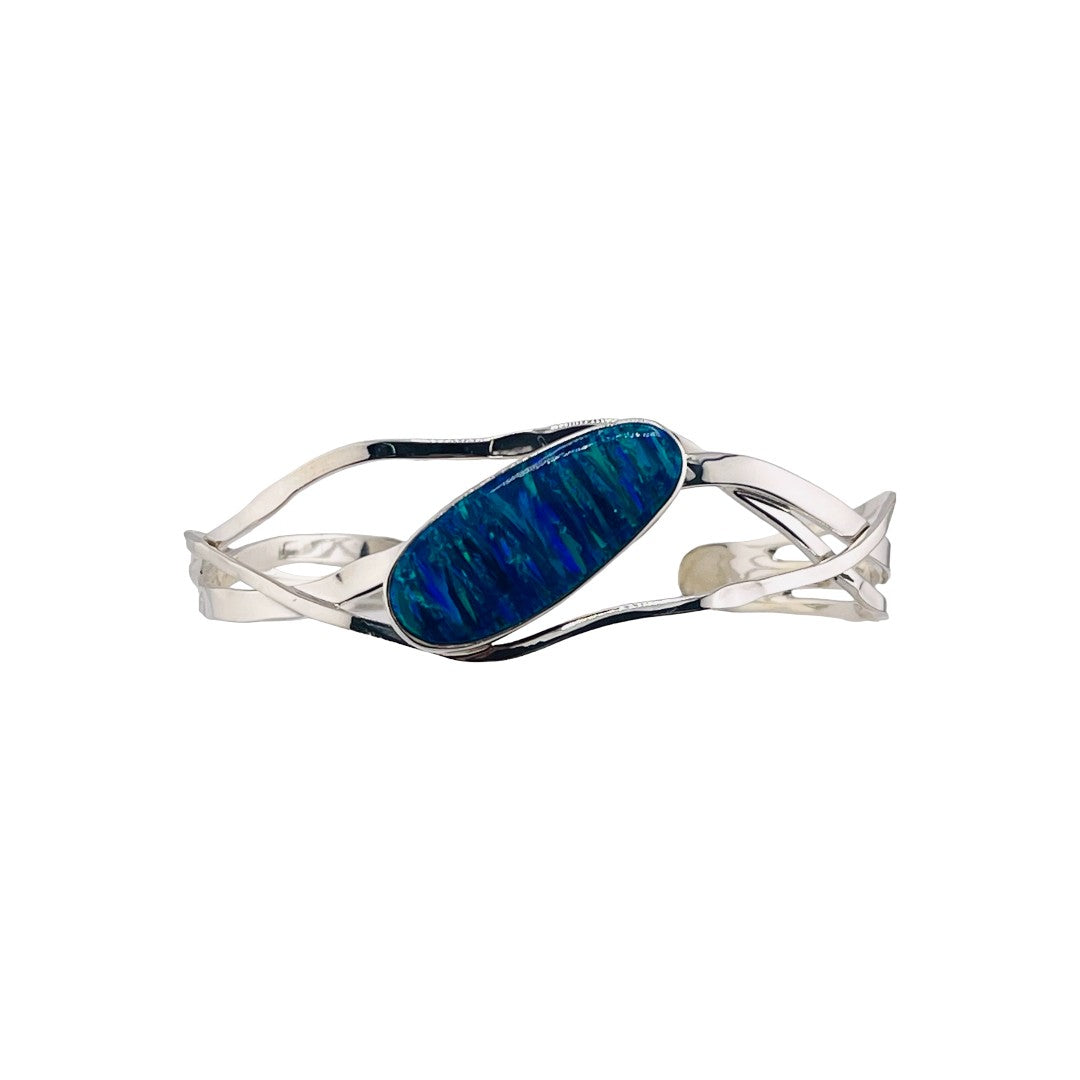 Ocean Wave Fire Opal, Blue and green Shimmering Hues, Sterling Silver Cuff Bracelet