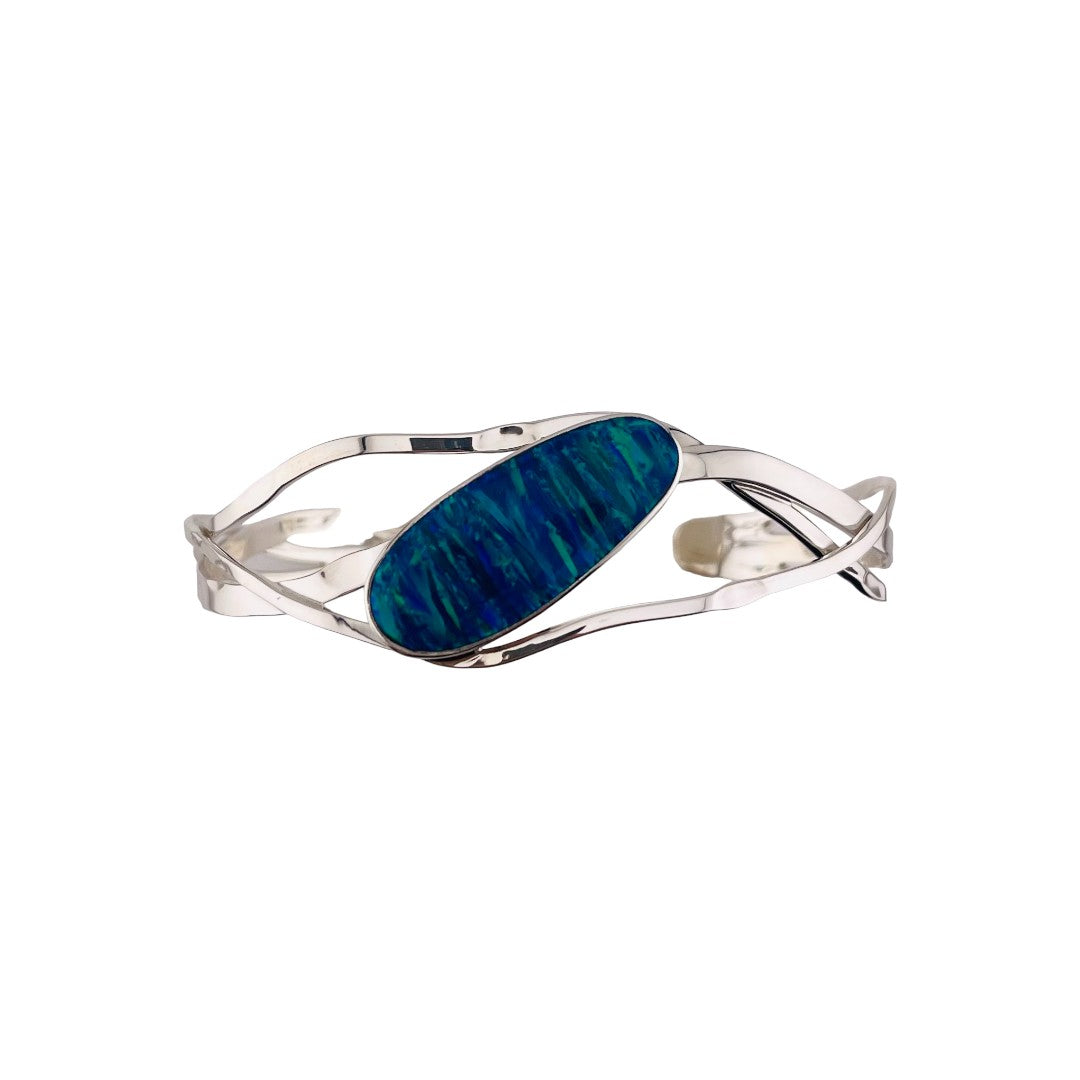 Ocean Wave Fire Opal, Blue and green Shimmering Hues, Sterling Silver Cuff Bracelet