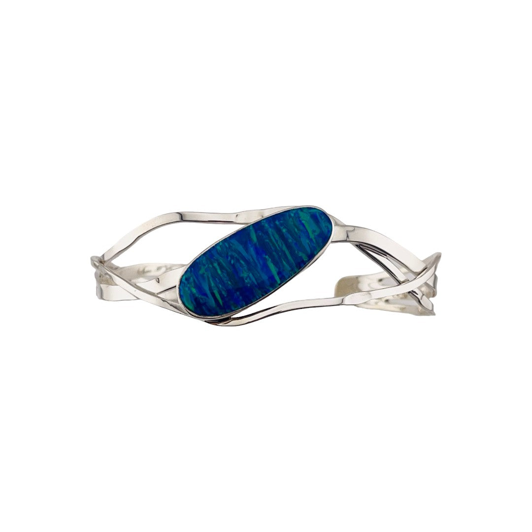 Ocean Wave Fire Opal, Blue and green Shimmering Hues, Sterling Silver Cuff Bracelet