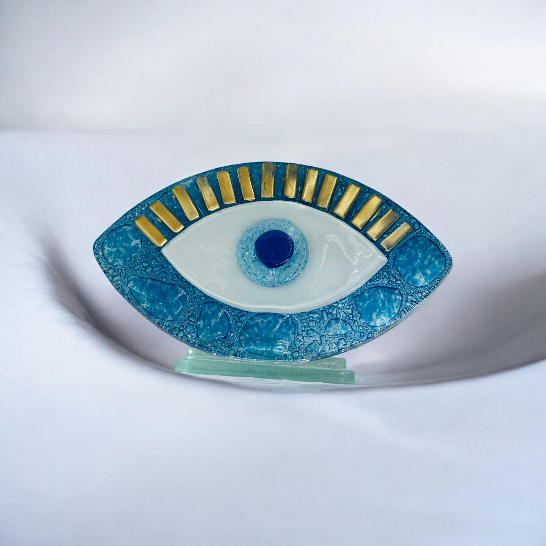 Evil Eye, Bubble Glass, Handcrafted Fused Glass, Sky Blue, Gold Trim, Table Accent