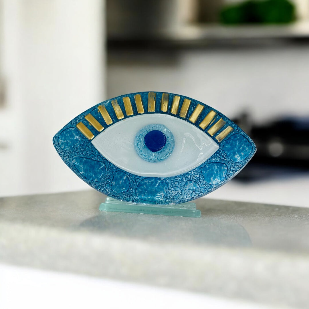 Evil Eye, Bubble Glass, Handcrafted Fused Glass, Sky Blue, Gold Trim, Table Accent