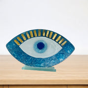 Evil Eye, Bubble Glass, Handcrafted Fused Glass, Sky Blue, Gold Trim, Table Accent