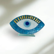 Evil Eye, Bubble Glass, Handcrafted Fused Glass, Sky Blue, Gold Trim, Table Accent