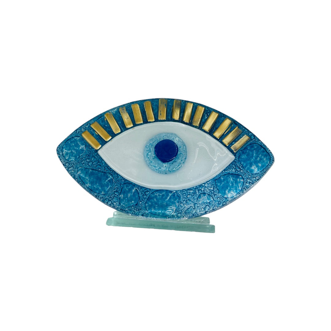 Evil Eye, Bubble Glass, Handcrafted Fused Glass, Sky Blue, Gold Trim, Table Accent