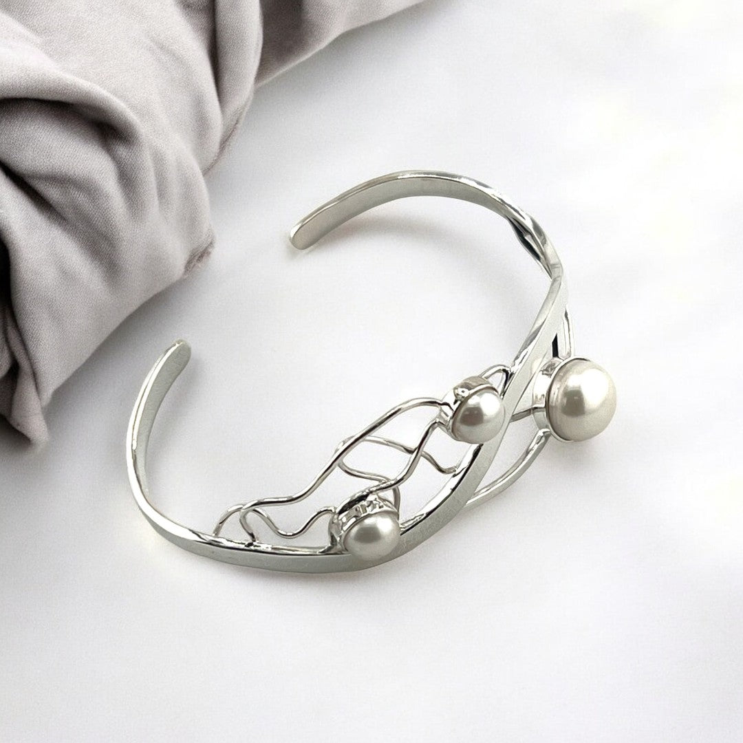 Stunning Bracelet, Freshwater Pearls, Cuff Bangle, Sterling Silver, Unique Wavy Design, Wedding, Holiday Birthday Gift