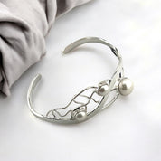Stunning Bracelet, Freshwater Pearls, Cuff Bangle, Sterling Silver, Unique Wavy Design, Wedding, Holiday Birthday Gift