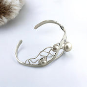 Stunning Bracelet, Freshwater Pearls, Cuff Bangle, Sterling Silver, Unique Wavy Design, Wedding, Holiday Birthday Gift