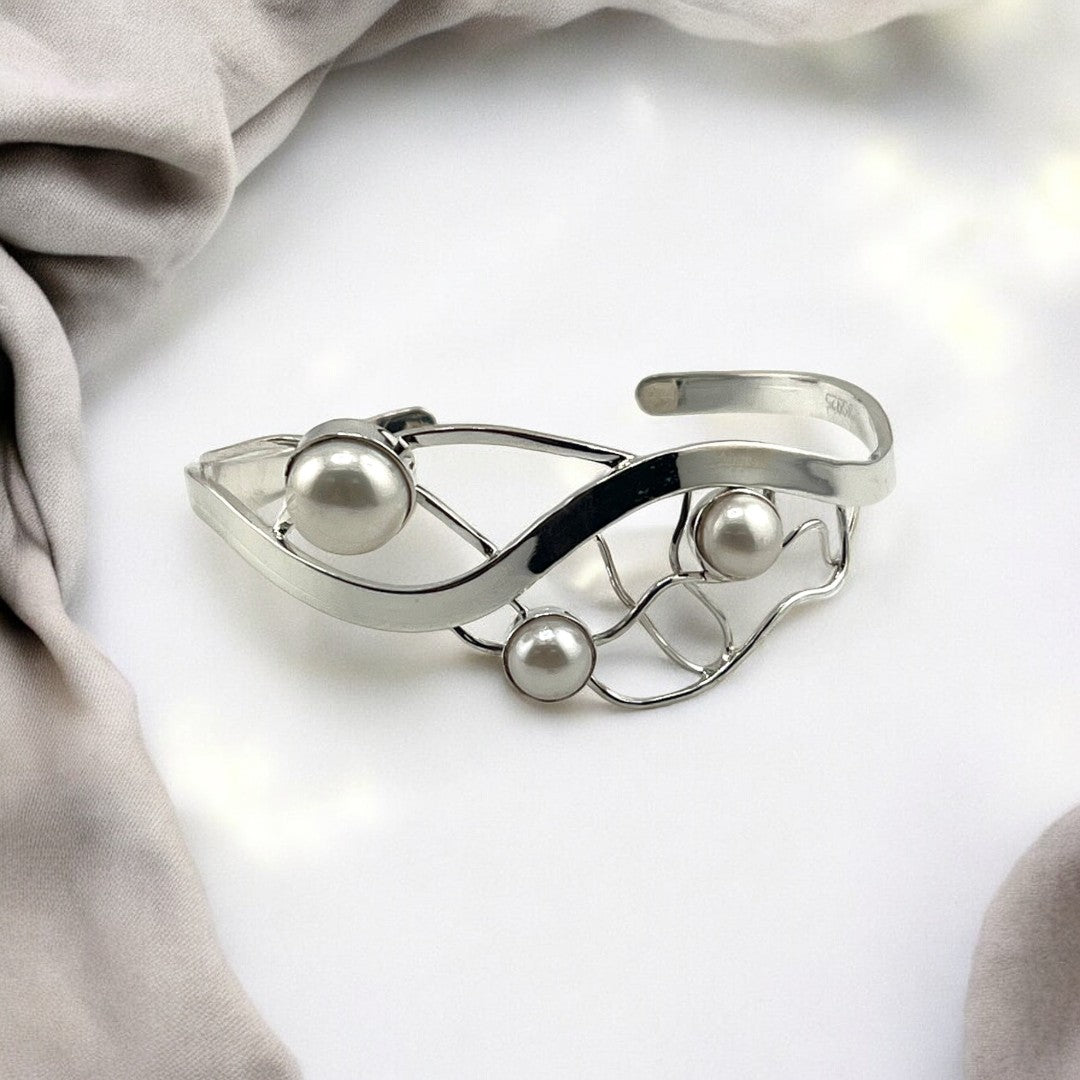 Stunning Bracelet, Freshwater Pearls, Cuff Bangle, Sterling Silver, Unique Wavy Design, Wedding, Holiday Birthday Gift