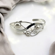 Stunning Bracelet, Freshwater Pearls, Cuff Bangle, Sterling Silver, Unique Wavy Design, Wedding, Holiday Birthday Gift