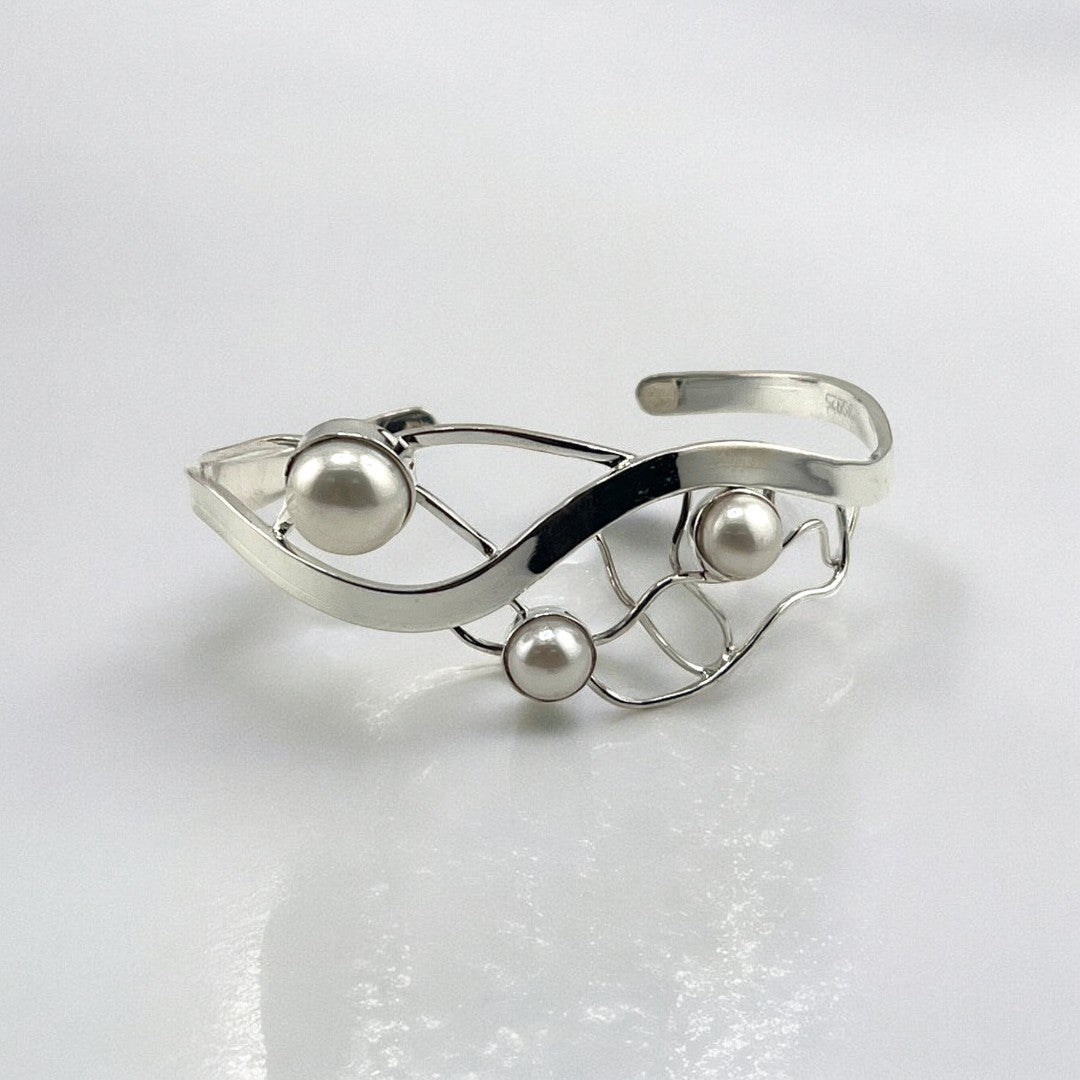 Stunning Bracelet, Freshwater Pearls, Cuff Bangle, Sterling Silver, Unique Wavy Design, Wedding, Holiday Birthday Gift