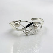 Stunning Bracelet, Freshwater Pearls, Cuff Bangle, Sterling Silver, Unique Wavy Design, Wedding, Holiday Birthday Gift