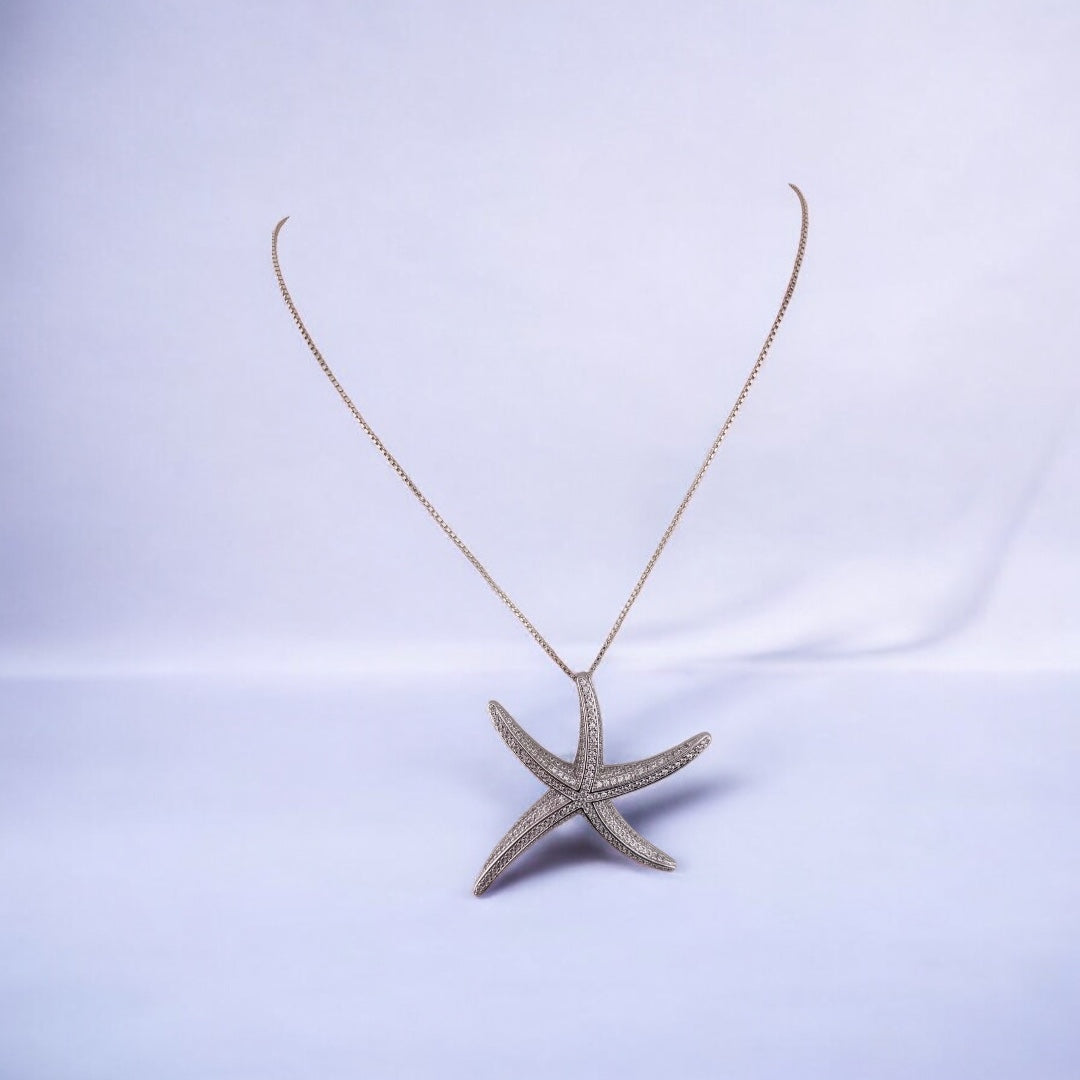 Starfish Sterling Silver, Pendant Necklace, Sterling Silver Sea Life, Ocean Necklace with Zirconia