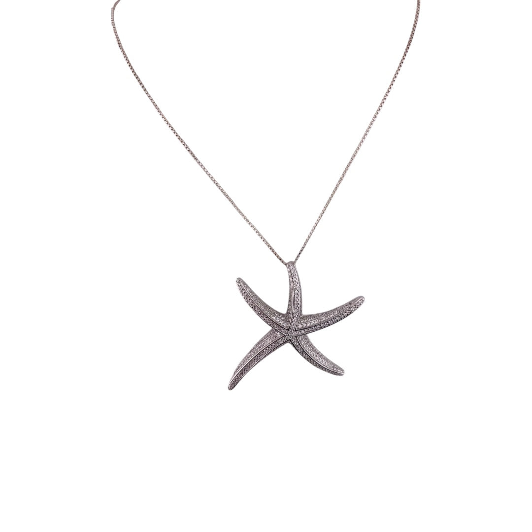 Starfish Sterling Silver, Pendant Necklace, Sterling Silver Sea Life, Ocean Necklace with Zirconia