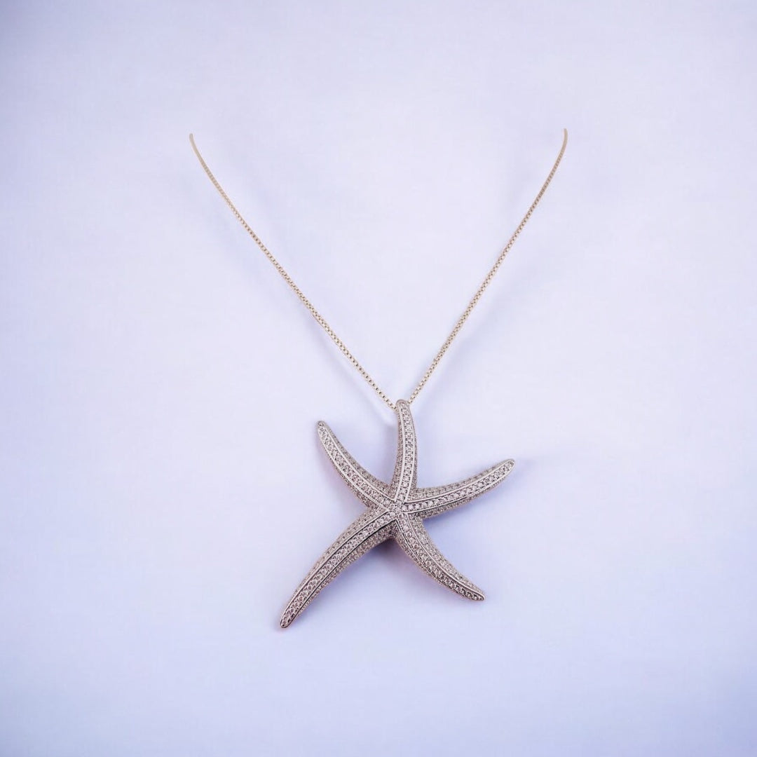 Starfish Sterling Silver, Pendant Necklace, Sterling Silver Sea Life, Ocean Necklace with Zirconia