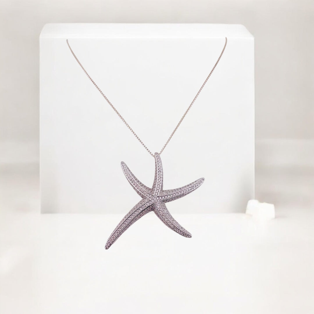 Starfish Sterling Silver, Pendant Necklace, Sterling Silver Sea Life, Ocean Necklace with Zirconia