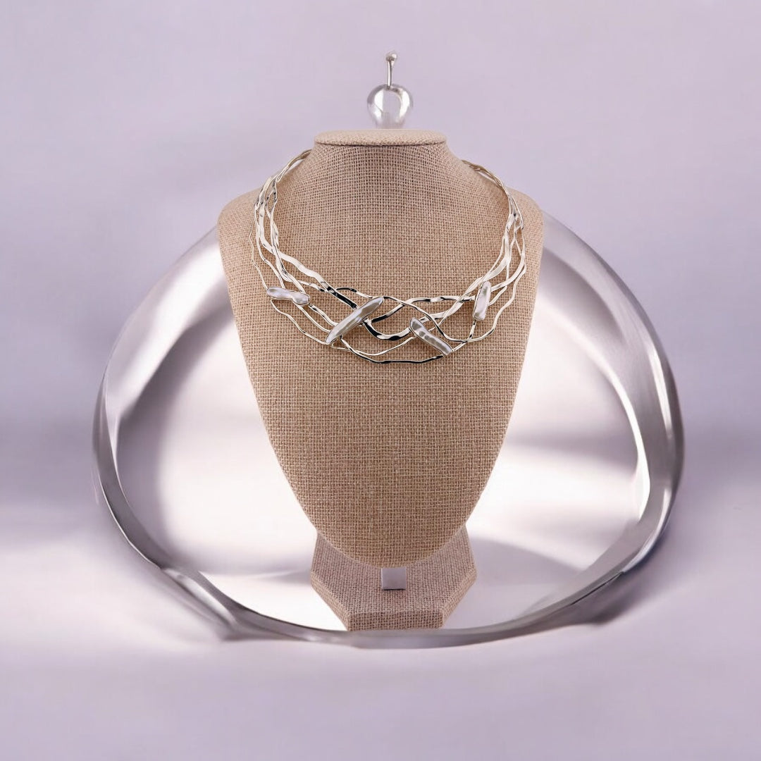 Sterling Silver Wave Design Choker, Necklace with Freshwater Pearls