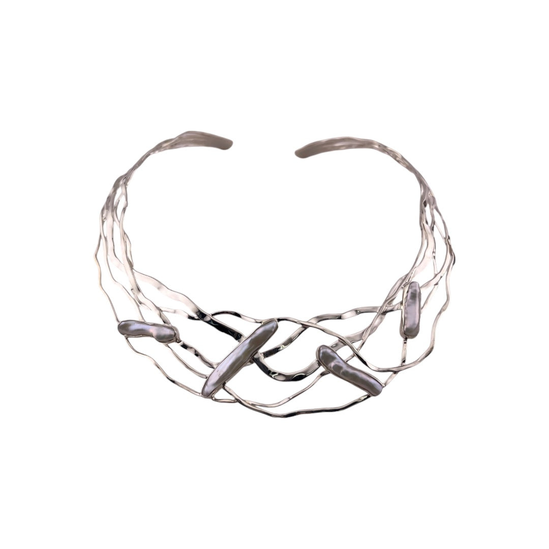 Sterling Silver Wave Design Choker, Necklace with Freshwater Pearls