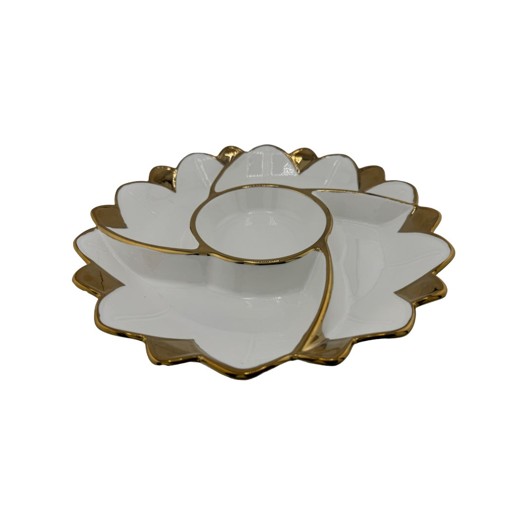 White, Gold Trim, 5-Section, Flower Shaped, Appetizer Plate, Party Plate