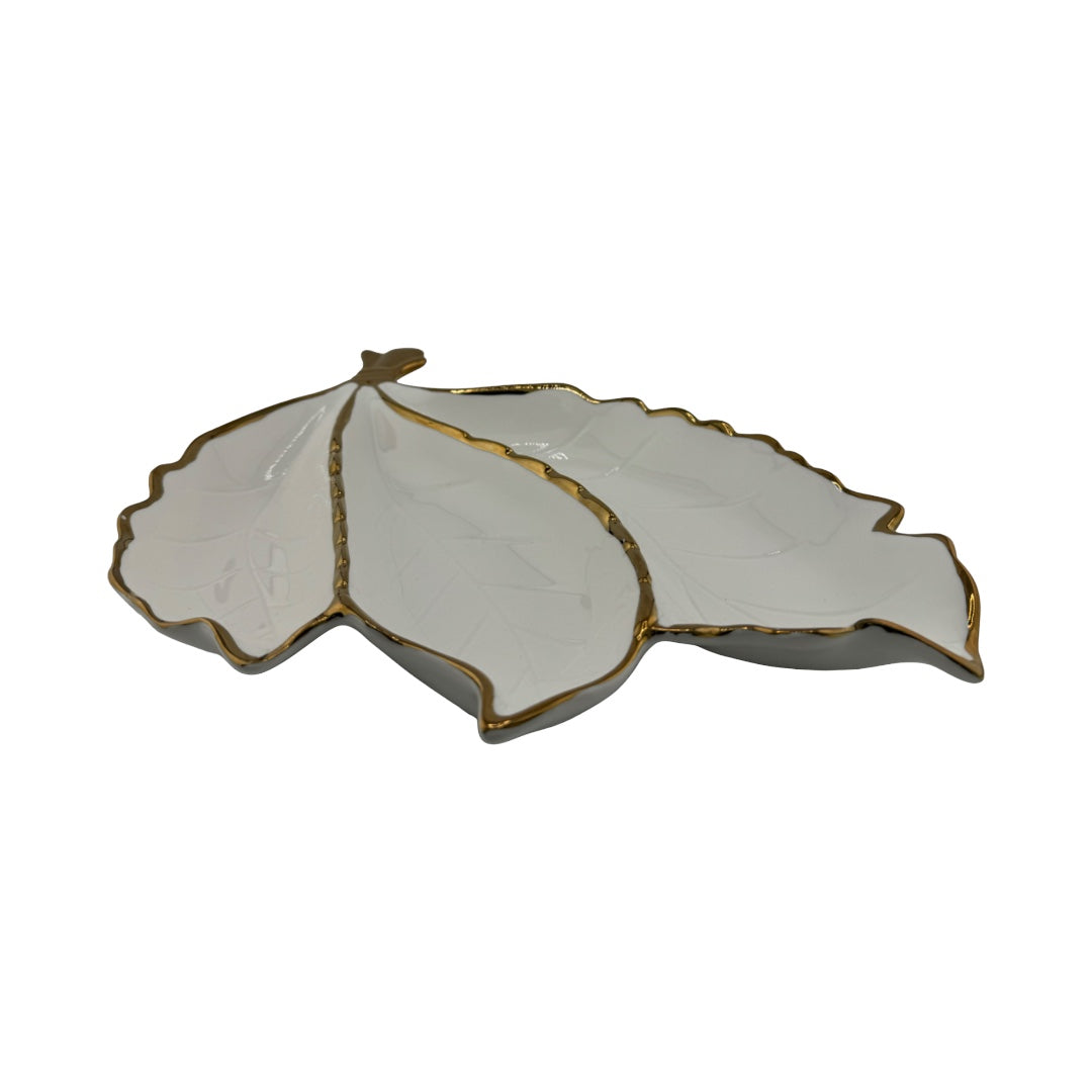 White, Gold Trim, Leaf Shaped, 3-Section, Appetizer Plate, Elegant Party Plate