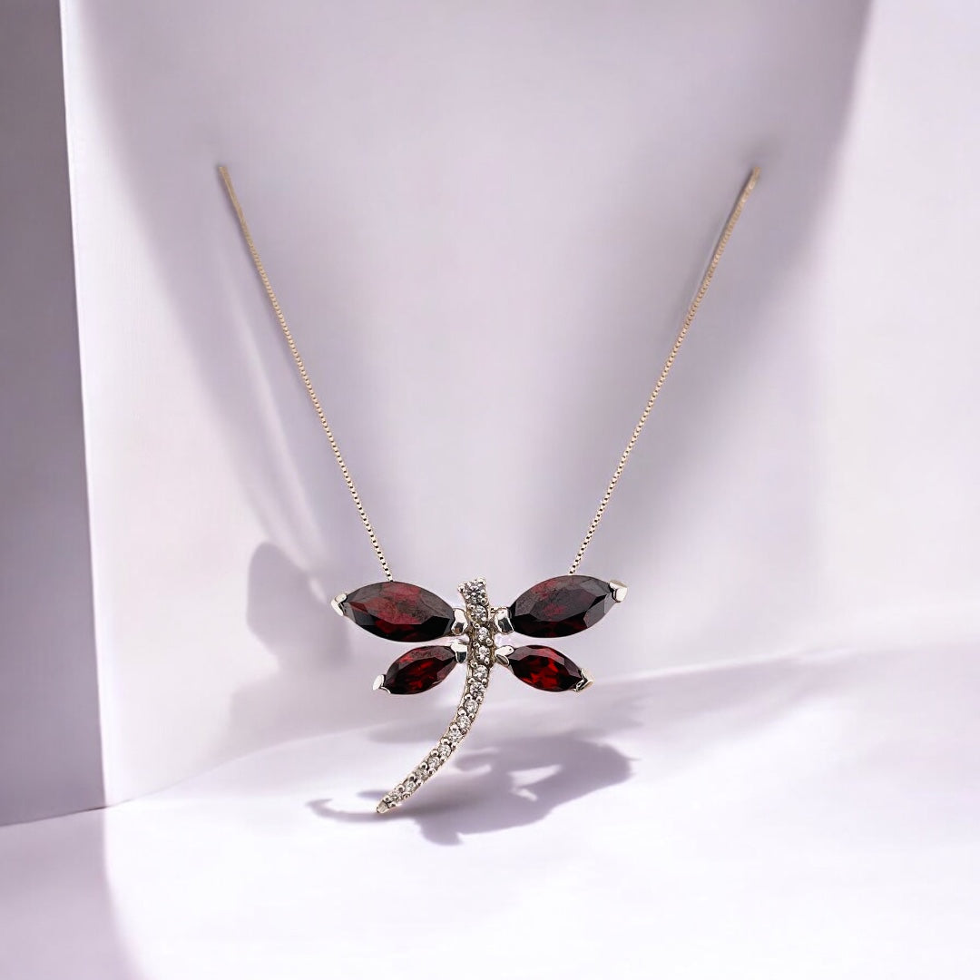 Sterling Silver Dragonfly Pendant Necklace with Ruby Red Zirconia