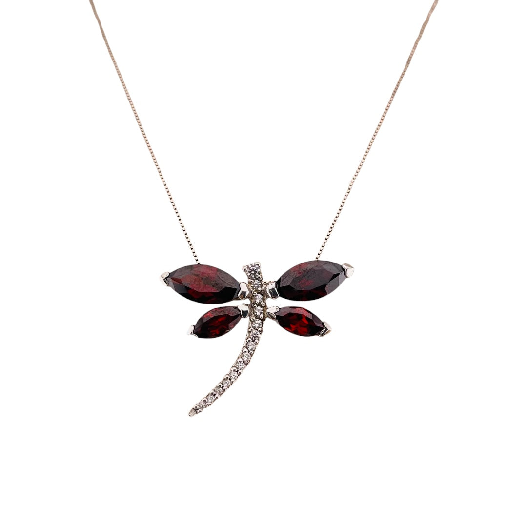 Sterling Silver Dragonfly Pendant Necklace with Ruby Red Zirconia