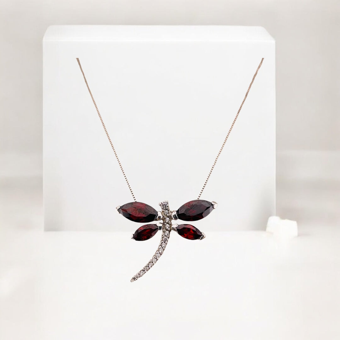 Sterling Silver Dragonfly Pendant Necklace with Ruby Red Zirconia