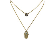 Gold-Plated, Sterling Silver, Necklace, Zircon, Hamsa, Evil Eye, Double Layer, Lobster Clasp