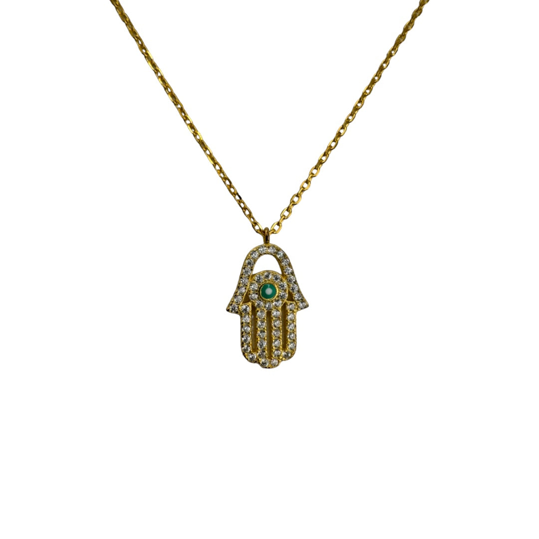 Gold-Plated, Sterling Silver, Necklace, Zircon, Hamsa, Evil Eye, Double Layer, Lobster Clasp