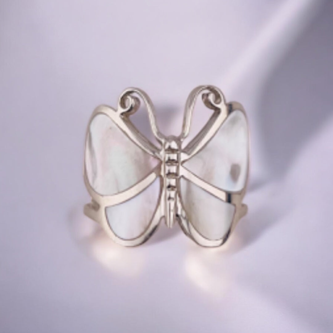 Sterling Silver Butterfly Ring with Mother of Pearl Wings, Nature-Inspired Elegant Jewelry