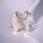 Sterling Silver Butterfly Ring with Mother of Pearl Wings, Nature-Inspired Elegant Jewelry