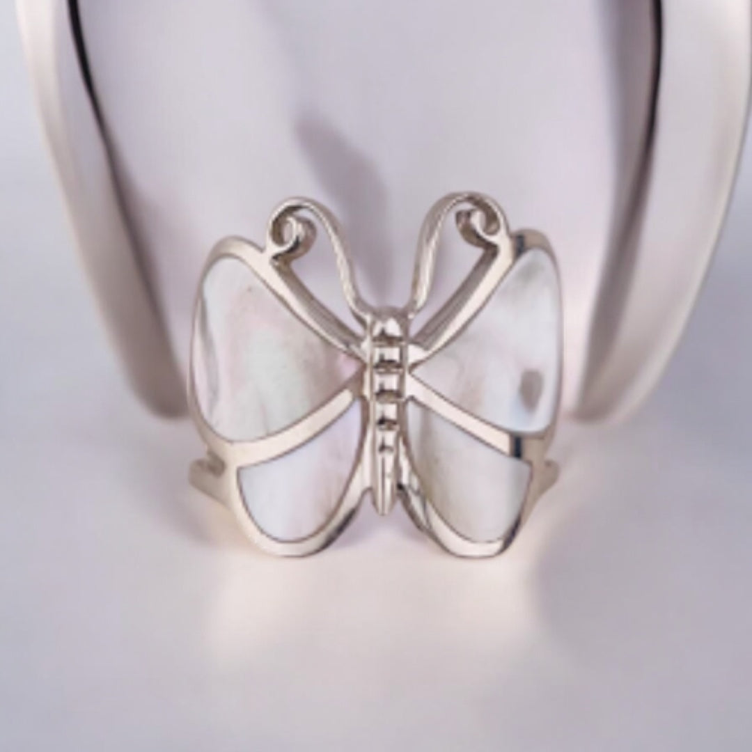 Sterling Silver Butterfly Ring with Mother of Pearl Wings, Nature-Inspired Elegant Jewelry