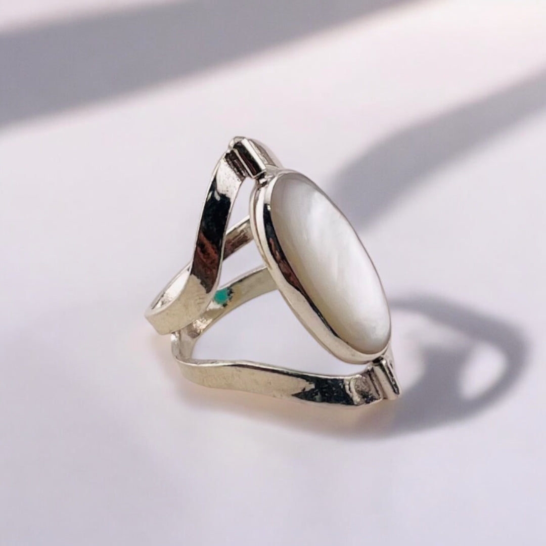 Sterling Silver Reversible Marquise Ring with Mother of Pearl, White or Green Dual-Tone Design