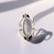 Sterling Silver Reversible Marquise Ring with Mother of Pearl, White or Green Dual-Tone Design