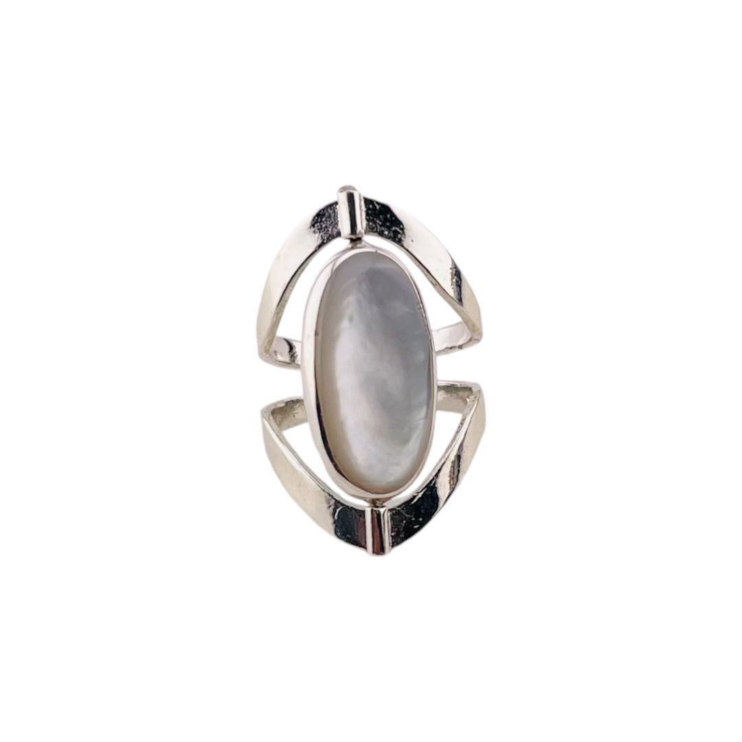 Sterling Silver Reversible Marquise Ring with Mother of Pearl, White or Green Dual-Tone Design