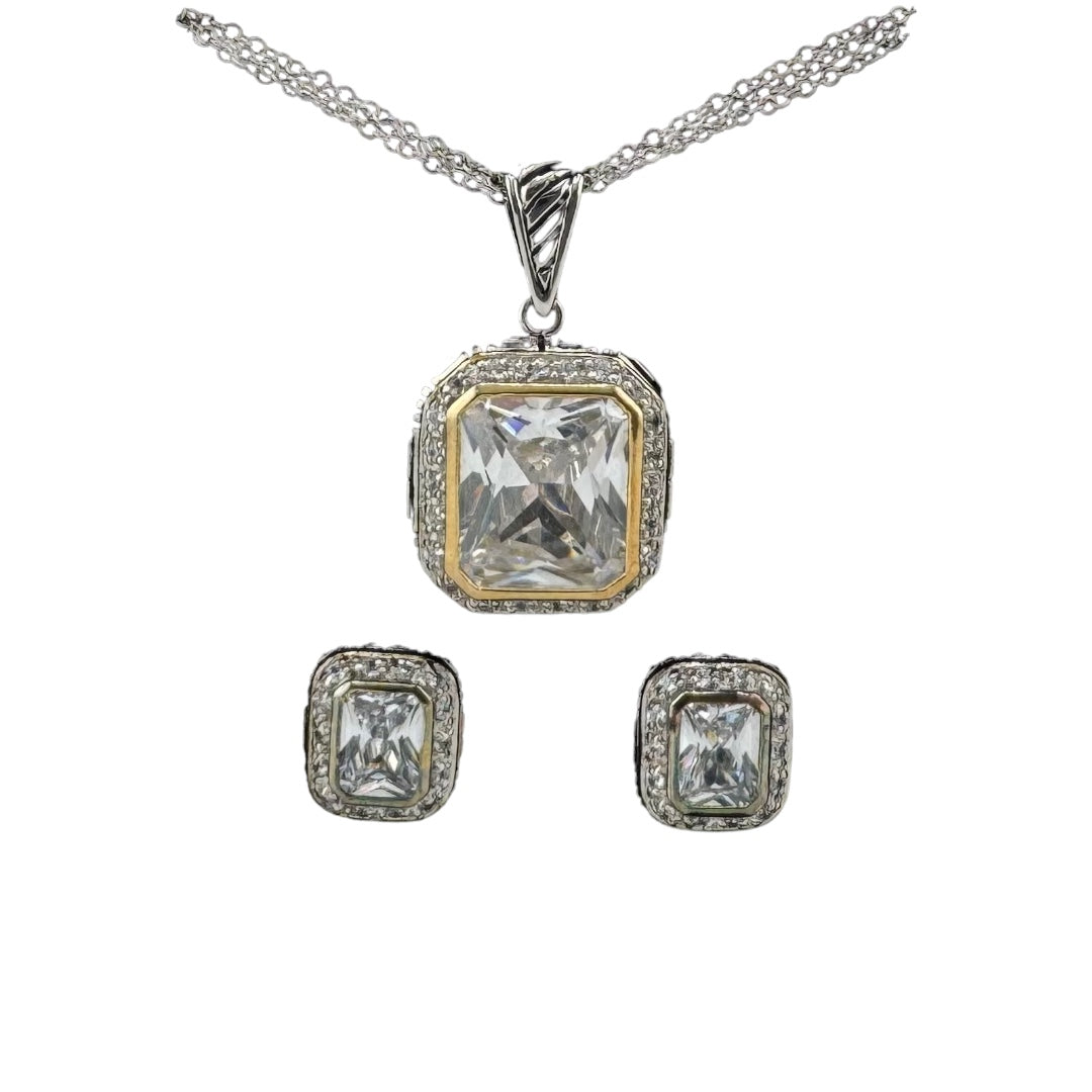 Silver Square Pendant Necklace and Earrings Set with Zircon Sparkle, Birthday Gift