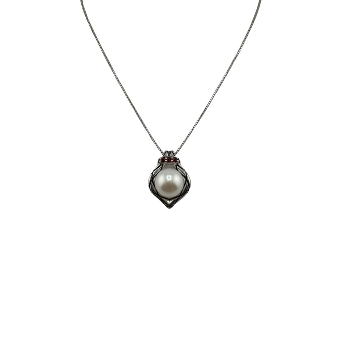 Freshwater Pearl, Sterling Silver, Red Zircon Accents, Pendant, Necklace, Perfect Gift