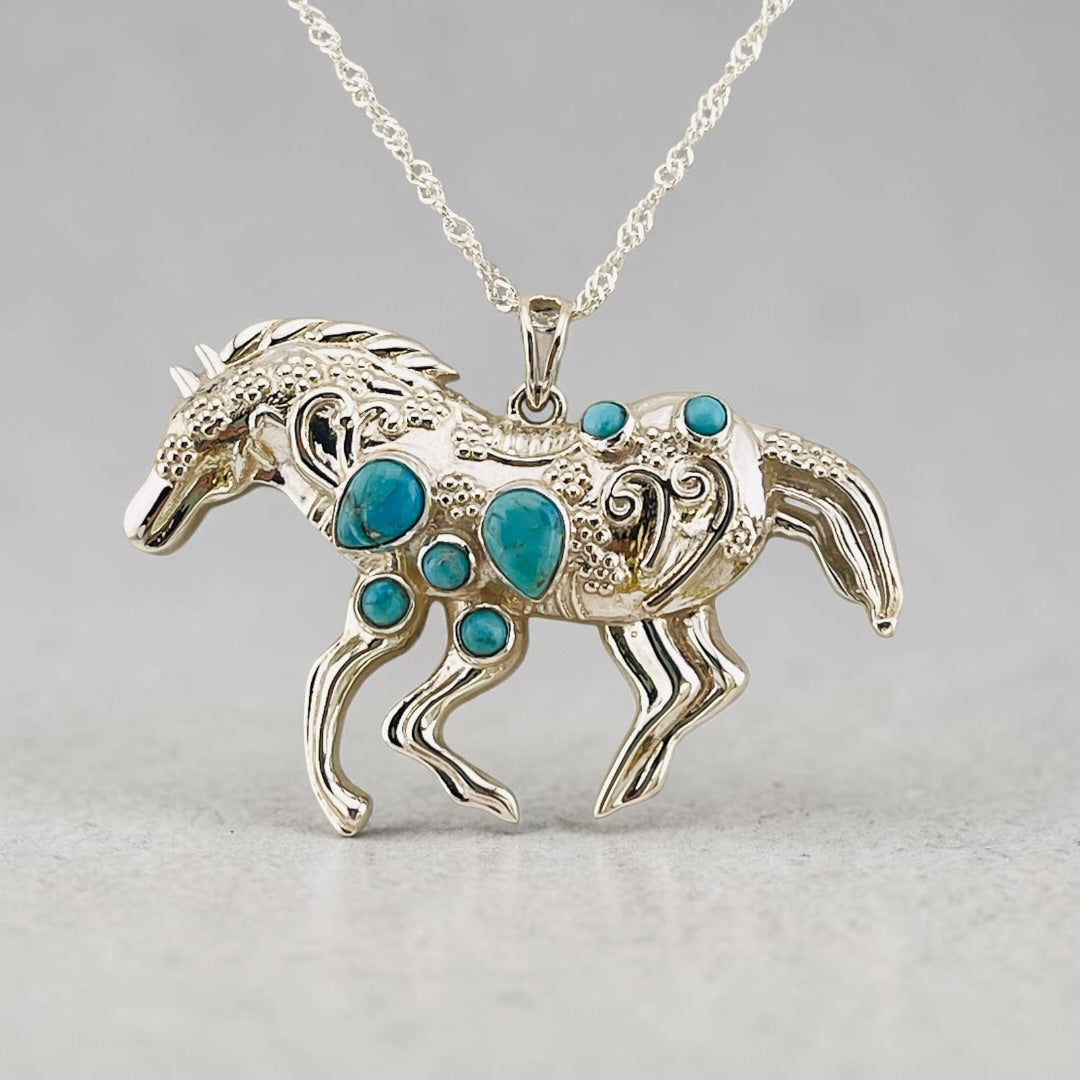 Blue Turquoise Horse Pendant Sterling Silver 925 Necklace Western Style