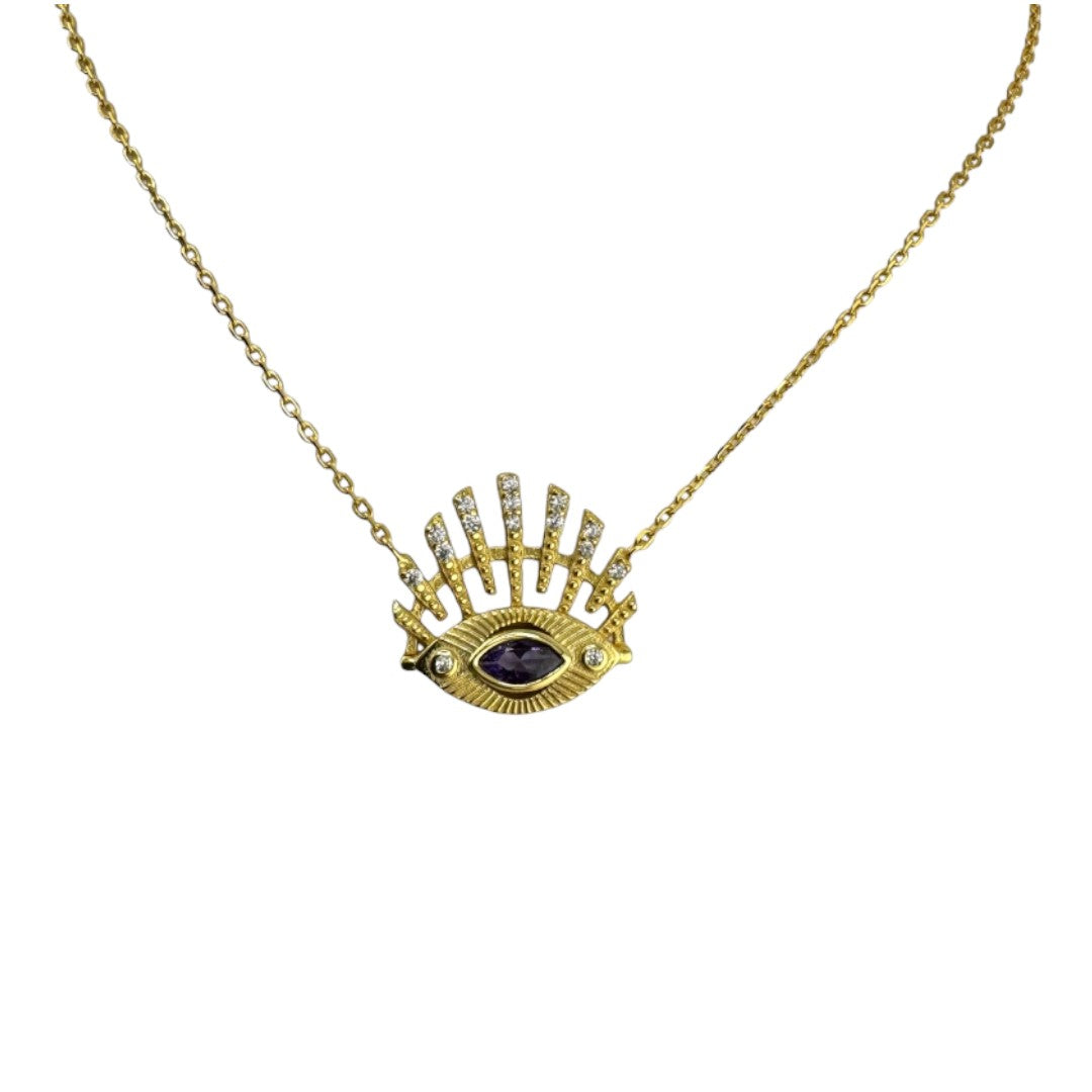 Gold-Plated, Sterling Silver, Pendant, Necklace, Purple, Evil Eye, Zircon, Protection Jewelry, Talisman