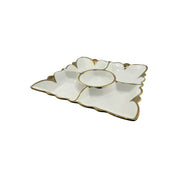 White Ceramic, Gold Trim, 5-Section, Square, Appetizer Plate, Party Platter