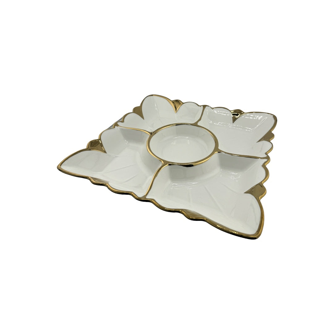 White Ceramic, Gold Trim, 5-Section, Square, Appetizer Plate, Party Platter