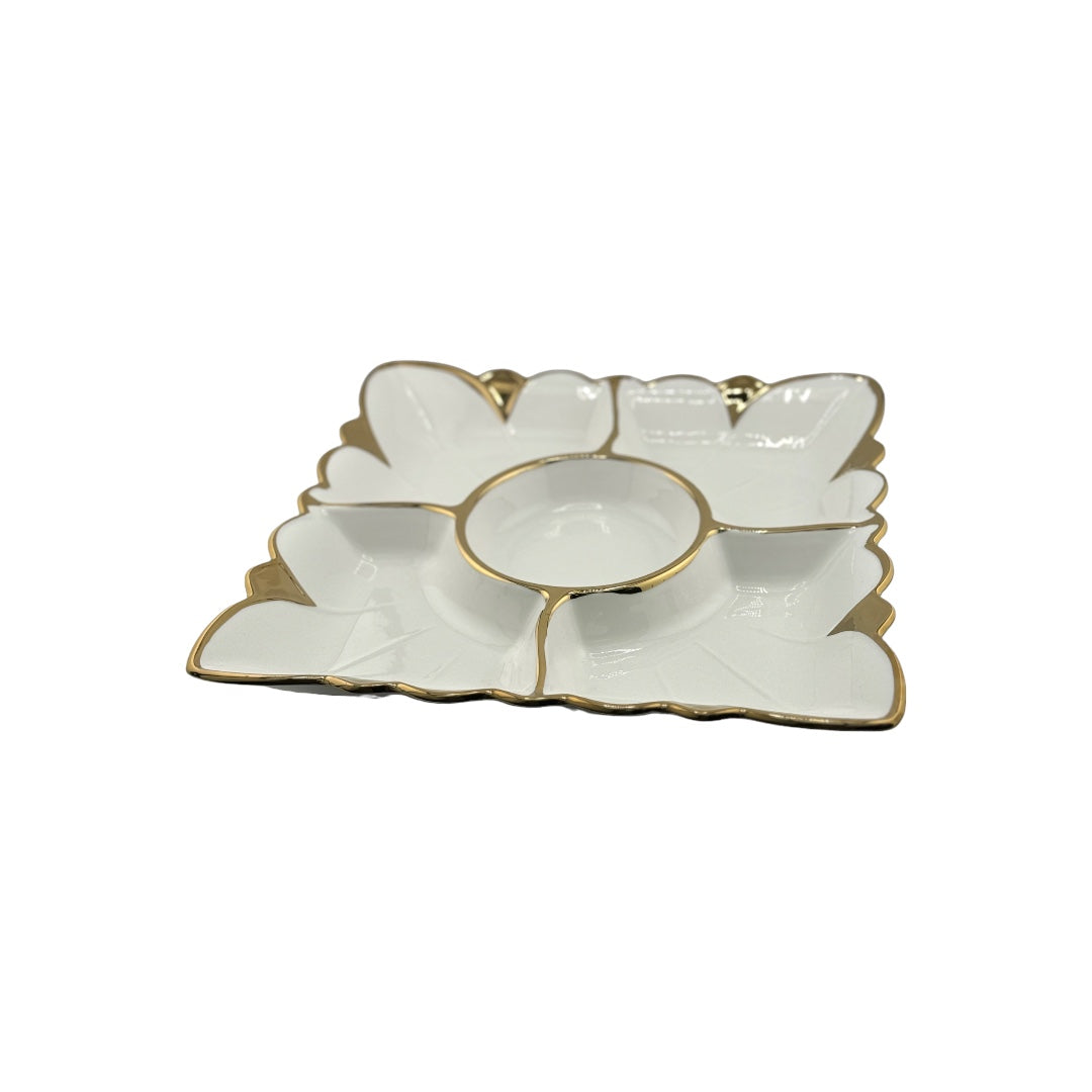 White Ceramic, Gold Trim, 5-Section, Square, Appetizer Plate, Party Platter