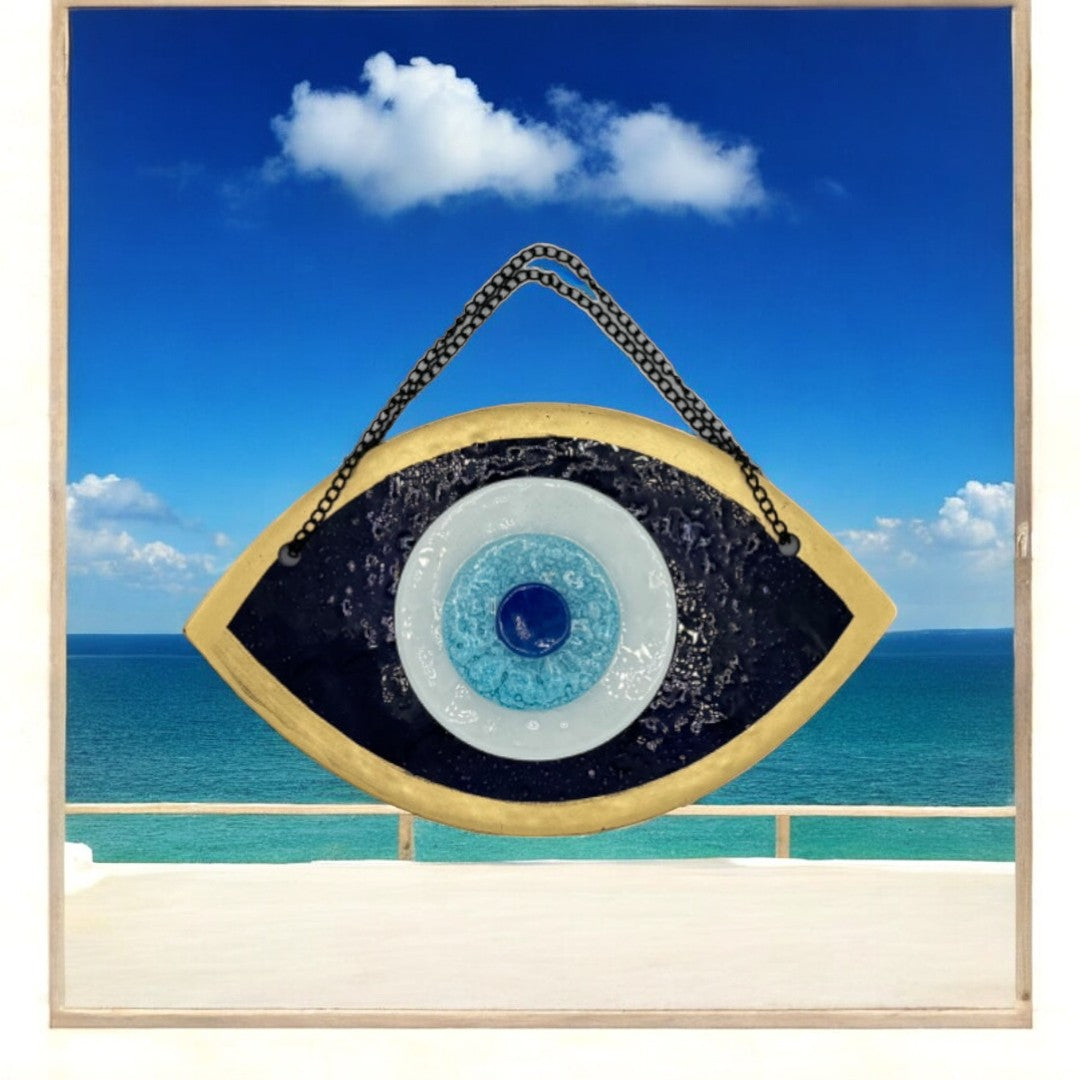 Handmade Fused Glass Wall Hanging with Dark Blue and Gold Evil Eye Design for Home Decor
