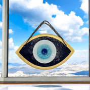 Handmade Fused Glass Wall Hanging with Dark Blue and Gold Evil Eye Design for Home Decor