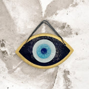 Handmade Fused Glass Wall Hanging with Dark Blue and Gold Evil Eye Design for Home Decor