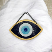 Handmade Fused Glass Wall Hanging with Dark Blue and Gold Evil Eye Design for Home Decor